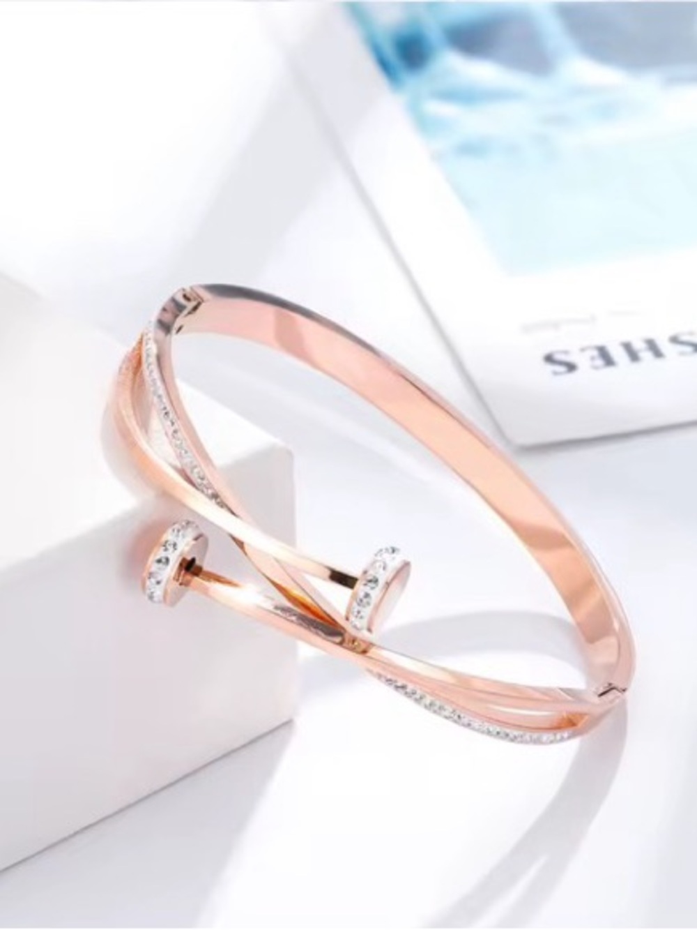 Rose Gold-tone Crystal Accent Crossover Bangle Bracelet